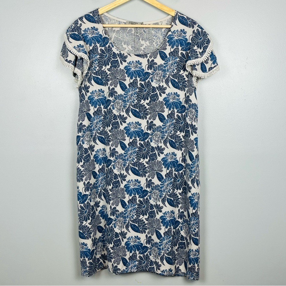Luisa Perla made in Italy linen viscose ivory & blue floral shift dress, medium.